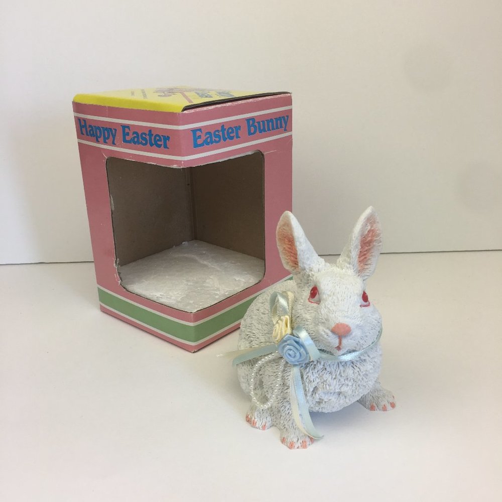 Vtg Easter Bunny Figurine w Floral Ribbon Orig Box